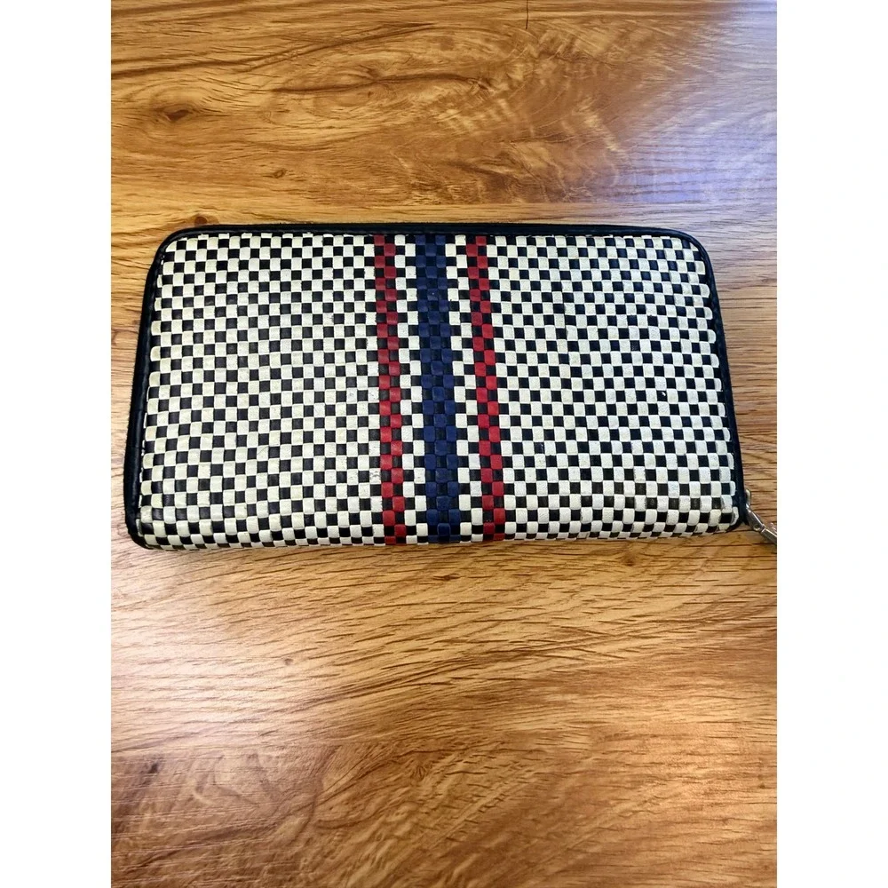 Tory Burch Woven Leather Checkerboard Zip Continental Wallet Navy White OS